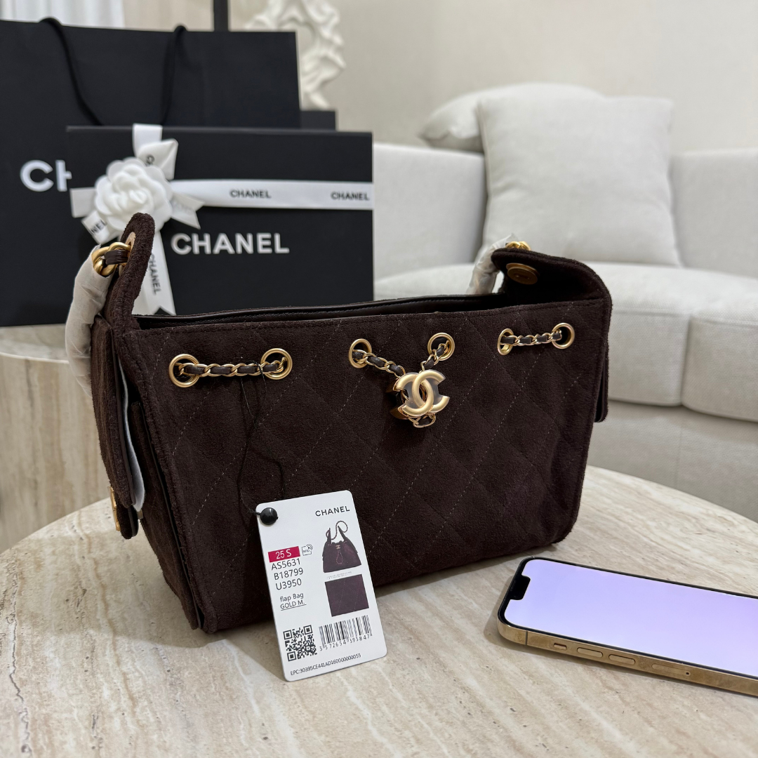 Chanel Hobo Suede Bag - 25S Luxury Brown with Gold Chain